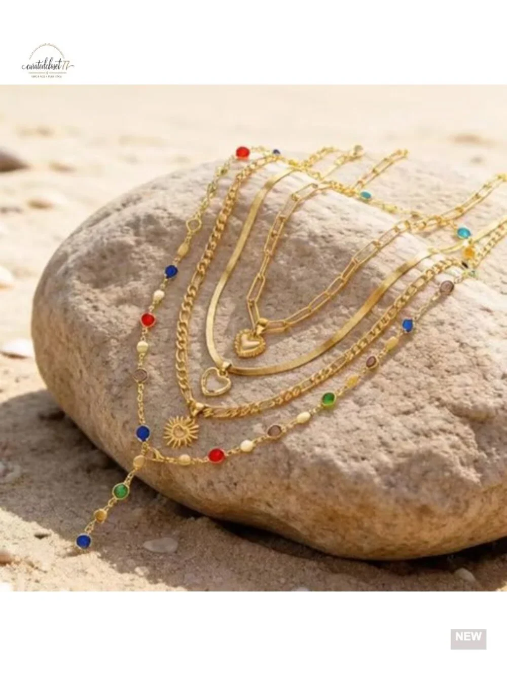 4 PCS Layered Heart Pendant Necklace Set Bohemian Crystal Stackable Jewelry